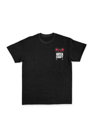 KreekCraft black Hacker tee with the KreekCraft logo in red and white on the left front chest.