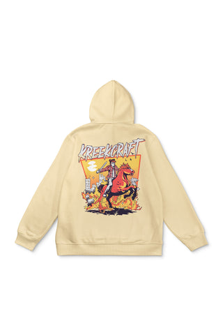 KreekCraft pale yellow hoodie with KreekCraft riding a horse in a burning city artwork on the entire back.