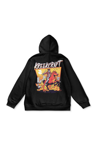 KreekCraft black hoodie with KreekCraft riding a horse in a burning city artwork on the entire back.