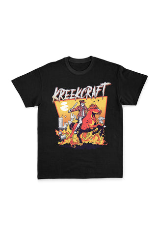 KreekCraft black tee with KreekCraft riding a horse in a burning city artwork on the entire front.