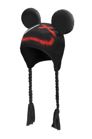 Black hat with white U eye and red X eye and red smile for mounth with long taps from the side.