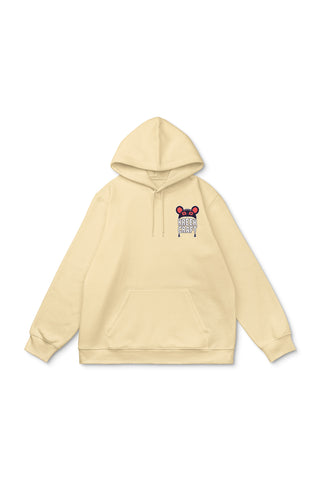 KreekCraft pale yellow hoodie with the KreekCraft logo in red and white on the left front chest.