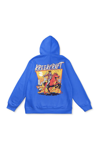 KreekCraft royal blue hoodie with KreekCraft riding a horse in a burning city artwork on the entire back.