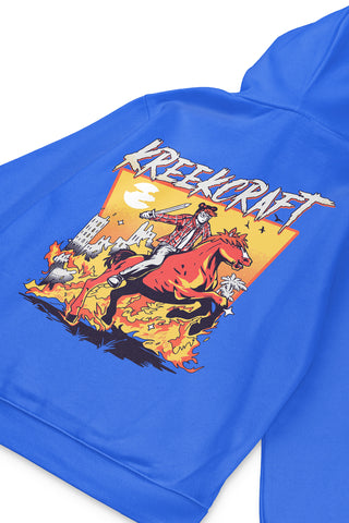 KreekCraft royal blue hoodie with KreekCraft riding a horse in a burning city artwork on the entire back, in close-up.