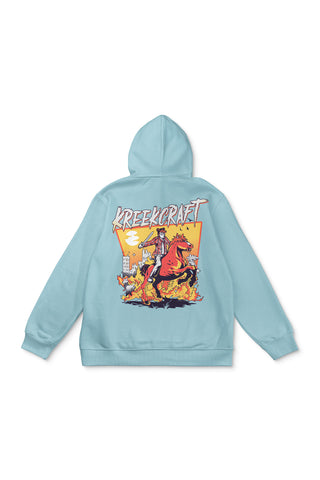 KreekCraft seafoam hoodie with KreekCraft riding a horse in a burning city artwork on the entire back.