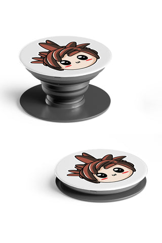 Two PopSockets with Timmeh's face on them and a gray background.