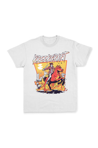 KreekCraft white tee with KreekCraft riding a horse in a burning city artwork on the entire front.